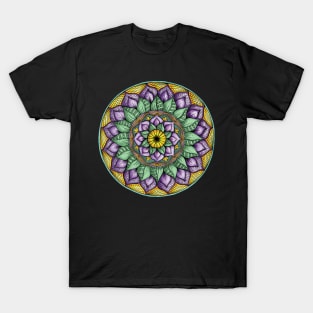 Floral Mandala with Purple Flowers & Green Leaves T-Shirt